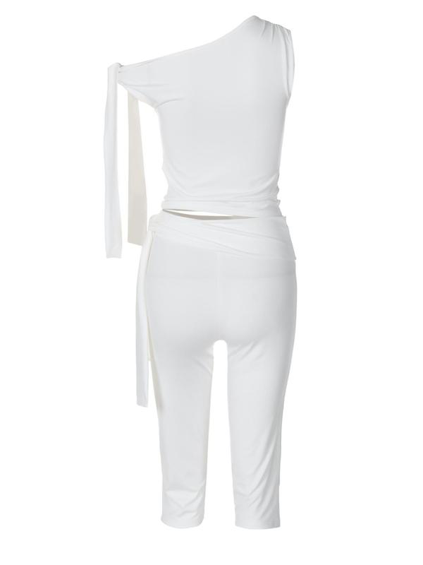 Women's Solid Asymmetrical Neck Knot Design Going Out Tops 2000s & High Waist Capri Pants Two-piece Set, Elegant Fashion Ruched Top & Skinny Capri Trousers for Daily Outdoor Wear, Ladies Summer Clothes, 2 Piece Sets Women, Summer Outfits 2024 Sets