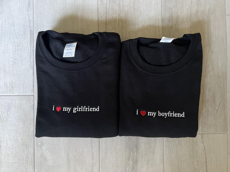 Embroidered I Love My Girlfriend Crewneck Sweatshirt, I Heart My Girlfriend Shirt, Valentines Day Gift, Boyfriend Sweatshirt, Unisex Couples Sweaters