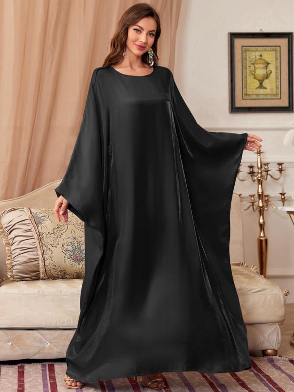 Fall Solid Batwing Sleeve Dresses for Women, Elegant Long Sleeve Round Neck Maxi Dress for Vacation Holiday Party, Ladies Clothes for All Seasons, Women's Clothing, Black Girl Outfits