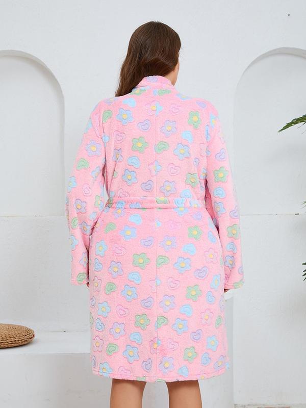  Floral Print Belted Pocket Robe, Casual Long Sleeve Dressing Gown, Women's Sleepwear for Fall & Winter