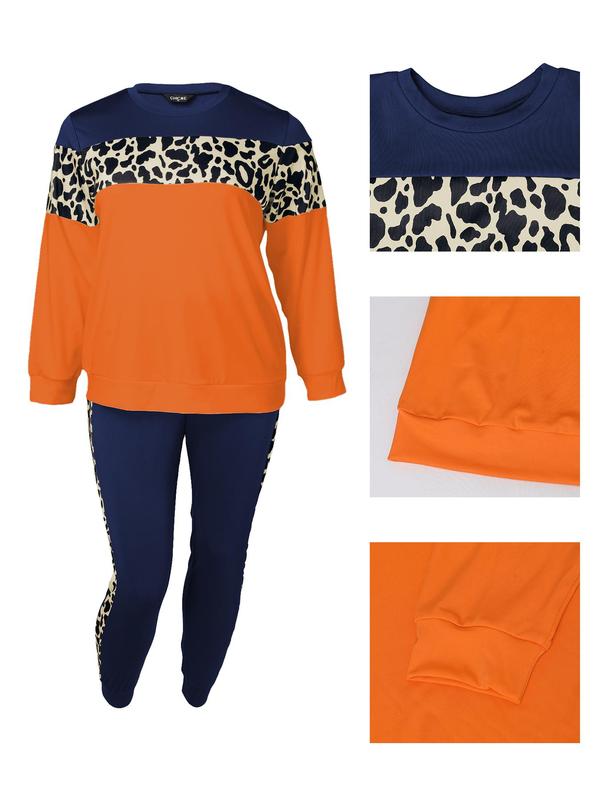  Two-Piece Set Colorblock Leopard Print Sweatshirt & Elastic Waist Tie Front Sweatpants Set, Casual Round Neck Long Sleeve Pullover & Pocket Jogger Pants, Women's Fall & Winter Clothes