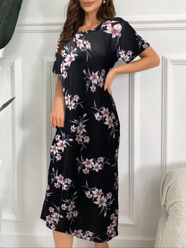 Women's Floral Print Drop Shoulder Nightdress, Casual Soft Comfortable Short Sleeve Round Neck Nightgown for Daily Home Wear, Ladies Sleepwear for All Seasons