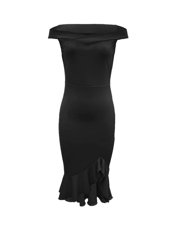 Women's Plain Ruffle Trim Split Thigh Wrap Bodycon Dress, Elegant Comfort Off Shoulder Midi Dress for Party Dating Formal Wear, Back To School Dresses for Women, Birthday Dresses 2024, Summer Outfits, Lady Clothes, Womenswear  for Christmas