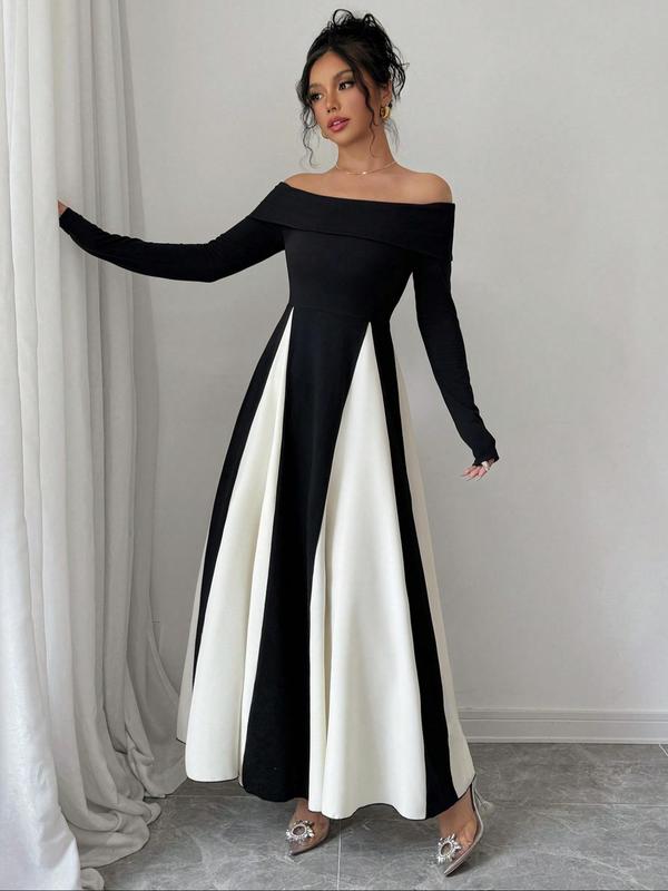 Women's Off The Shoulder Long Sleeve Dress, Elegant Plain Color Split Hem A Line Dress for Party Holiday Wedding Guest, Ladies Spring & Fall Clothes