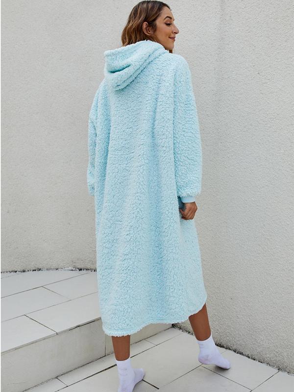 Women's Solid Color Drop Shoulder Hooded Bathrobe, Casual Long Sleeve Pocket Design Dressing Gown, Ladies Sleepwear for  Winter