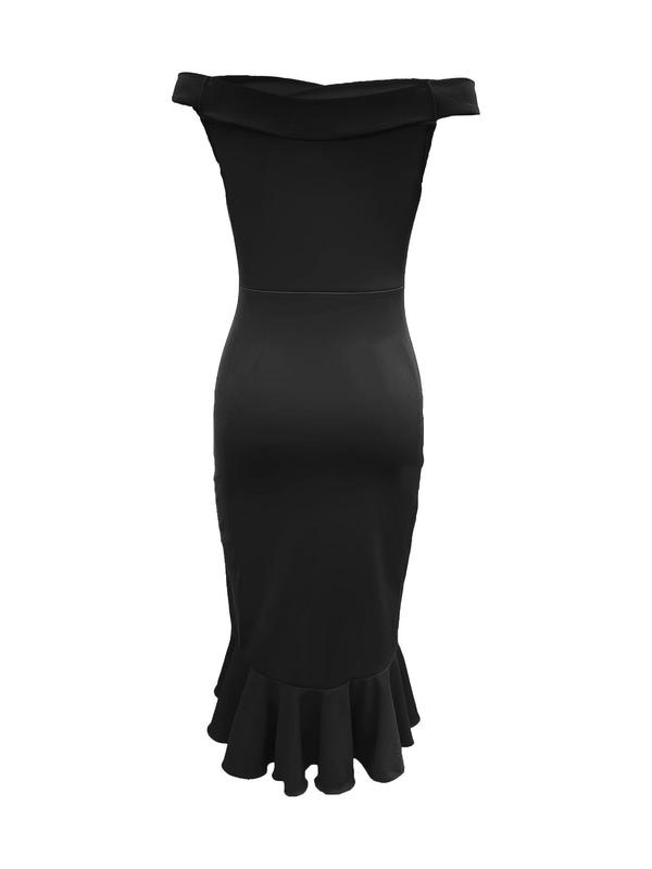 Women's Plain Ruffle Trim Split Thigh Wrap Bodycon Dress, Elegant Comfort Off Shoulder Midi Dress for Party Dating Formal Wear, Back To School Dresses for Women, Birthday Dresses 2024, Summer Outfits, Lady Clothes, Womenswear  for Christmas