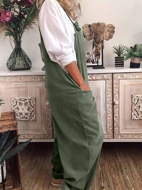  Solid Color Knot Front Wide Leg Overalls Jumpsuit without Inner Top, Casual Pocket Design Sleeveless Square Neck Overalls Jumpsuit for Summer, Women's Plus Clothing for Daily Wear