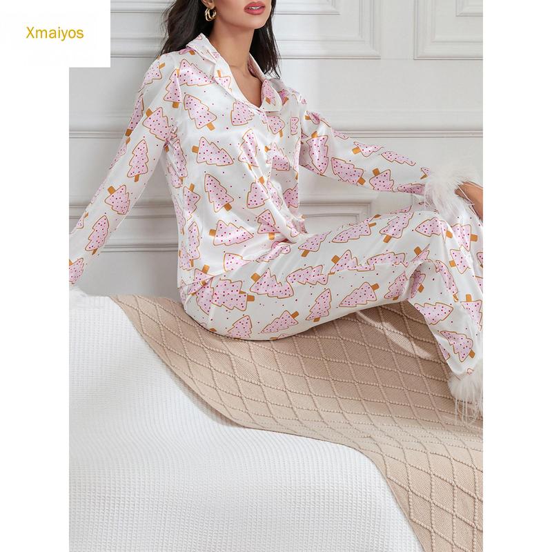 Women Christmas Pajamas Lounge Set Santa Christmas Tree Boots Print Shirts Tops and Pants 2 Piece Loungewear Outfits Long Sleeve Nightwear