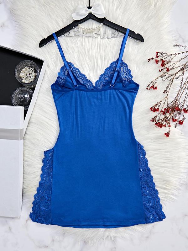 Women's Solid Color Lace Trim Split Thigh Cami Nightdress, Casual Soft Comfortable Spaghetti Strap Nightgown for All Seasons, Lady's Sleepwear for Indoor Wear