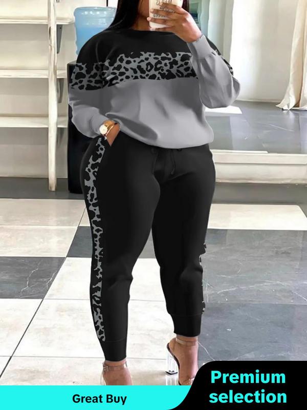  Two-Piece Set Colorblock Leopard Print Sweatshirt & Elastic Waist Tie Front Sweatpants Set, Casual Round Neck Long Sleeve Pullover & Pocket Jogger Pants, Women's Fall & Winter Clothes