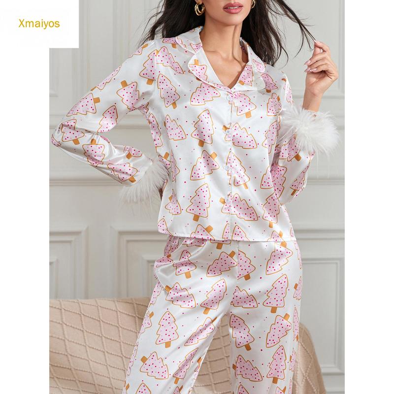 Women Christmas Pajamas Lounge Set Santa Christmas Tree Boots Print Shirts Tops and Pants 2 Piece Loungewear Outfits Long Sleeve Nightwear