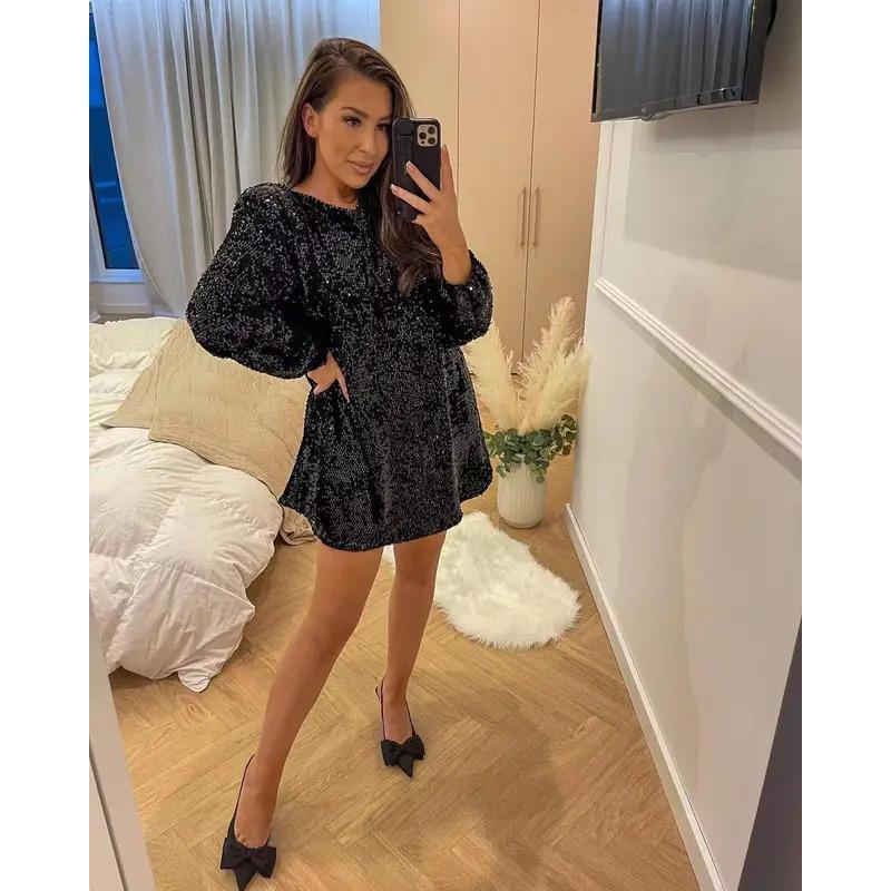 Chic Christmas Bowknot Sequin Dress For Women Autumn Elegant Long Sleeve Shiny Mini Dress Female Backless Evening Party Vestidos