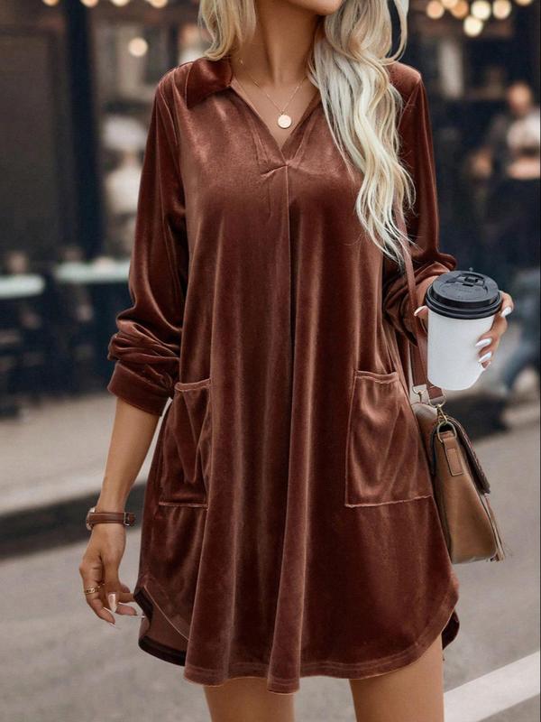 Women's Plain Collar V Neck Pocket Velvet Dress, Casual Long Sleeve Short Dress for Spring & Fall, Women's Clothing for Daily Wear