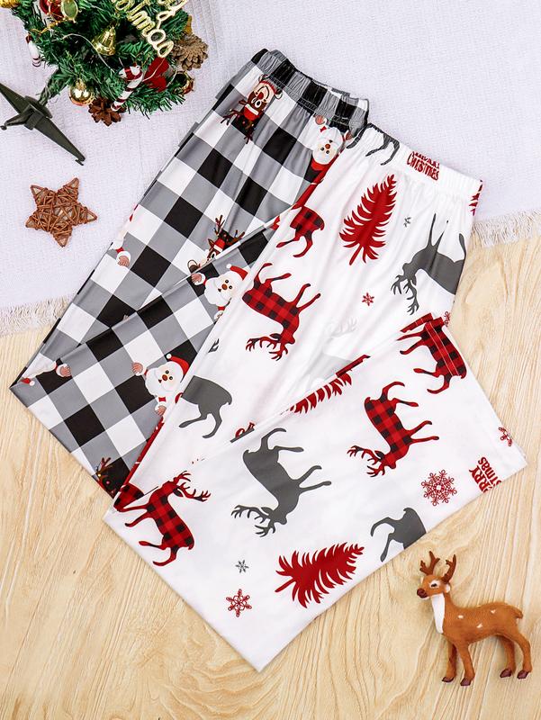 2 PCS Per Pack Christmas Gift Mama Family daughter Casual Women's Soft Drawstring Sleeping Xmas Pijamas Pjs Pajama Bottoms Long Outfit Loungewear Pants Set, Floral Pattern Knit Fabric, Red ,Pyjamas Trouser    Pajama Set Nightwear Womenswear Homewear