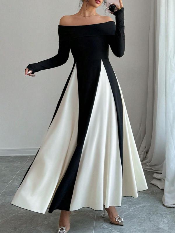 Women's Off The Shoulder Long Sleeve Dress, Elegant Plain Color Split Hem A Line Dress for Party Holiday Wedding Guest, Ladies Spring & Fall Clothes