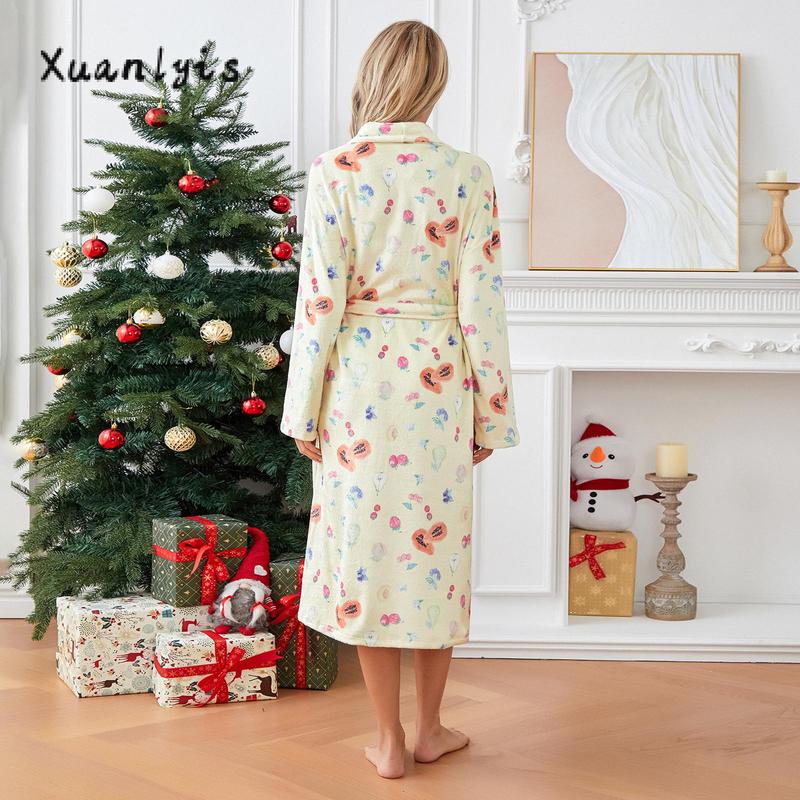 Women Dressing Gown Flannel Robe Floral Print Shawl Collar Bathrobe for Hotel Spa Party Kimono Robe with Belt Long Sleeve Sleeve Womenswear Check