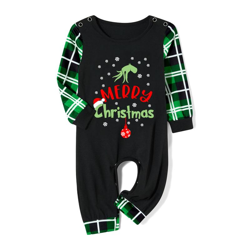 Family Christmas Pajamas Matching Sets PJ's Snowflake Cartoon Print Tops Green Plaid Pants Sleepwear Loungewear Nightwear Homewear