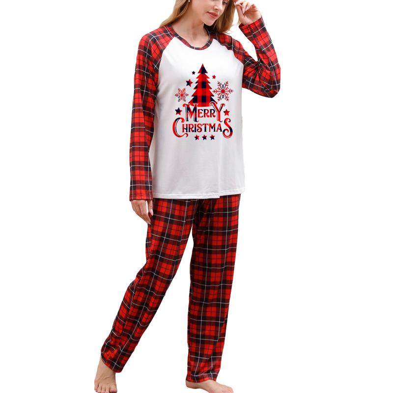 Christmas Pajamas for Family Matching Long Sleeve Snowflake Tree Print Tops Plaid Pants Set Holiday Xmas Jammies Sleepwear