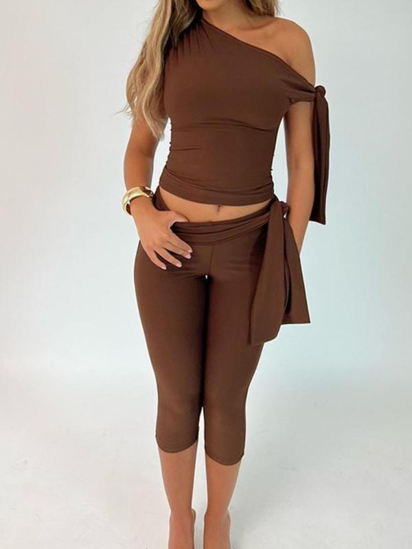 Women's Solid Asymmetrical Neck Knot Design Going Out Tops 2000s & High Waist Capri Pants Two-piece Set, Elegant Fashion Ruched Top & Skinny Capri Trousers for Daily Outdoor Wear, Ladies Summer Clothes, 2 Piece Sets Women, Summer Outfits 2024 Sets