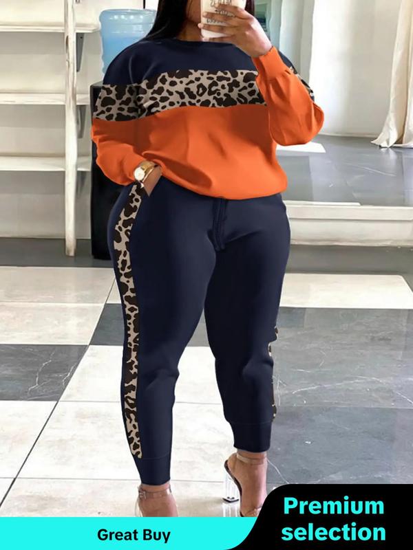  Two-Piece Set Colorblock Leopard Print Sweatshirt & Elastic Waist Tie Front Sweatpants Set, Casual Round Neck Long Sleeve Pullover & Pocket Jogger Pants, Women's Fall & Winter Clothes