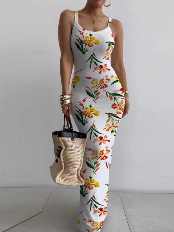 Fall Women's All Over Print Cami Bodycon Dress, Elegant Sleeveless Scoop Neck Long Dress for Party Dating, Summer Outfits 2024, Ladies Summer Clothes, Dresses for Women, Summer Dresses, Black Girl Outfits