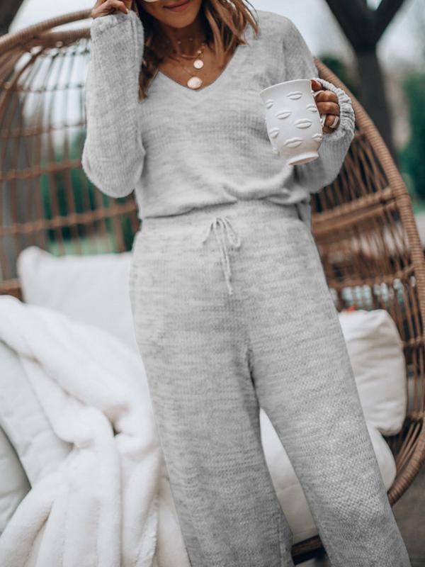 Women's Solid Waffle Knit Drop Shoulder Tee & Tie Front Pants Loungewear Two-piece Set, Comfy Round Neck Long Sleeve Top & Trousers PJ Set, Ladies Sleepwear for Spring & Fall, Pajama Sets Women