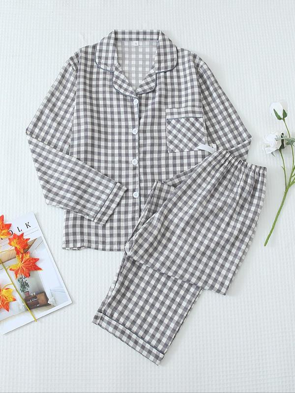 Two-Piece Set Women's Plaid Print Lapel Neck Pocket Shirt & Bow Decor Pants Pyjama, Long Sleeve Button Up Top & Trousers PJ Set, Women's Sleepwear for Spring & Fall