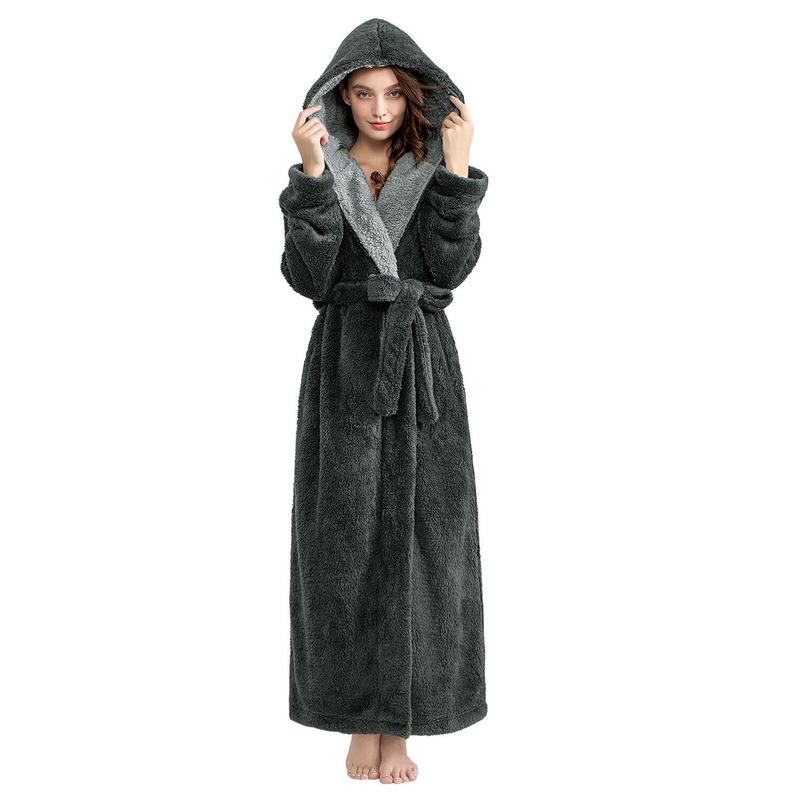 Long Hooded Robes for Women Luxurious Plush Bathrobes with Pockets & Waist Belt Full Length Bathrobe Winter Warm Sleepwear - L & Navy