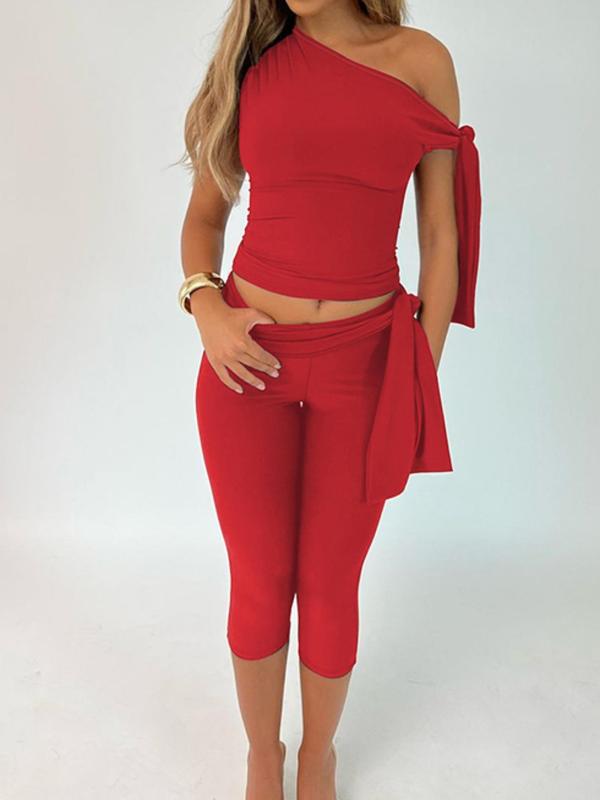 Women's Solid Asymmetrical Neck Knot Design Going Out Tops 2000s & High Waist Capri Pants Two-piece Set, Elegant Fashion Ruched Top & Skinny Capri Trousers for Daily Outdoor Wear, Ladies Summer Clothes, 2 Piece Sets Women, Summer Outfits 2024 Sets