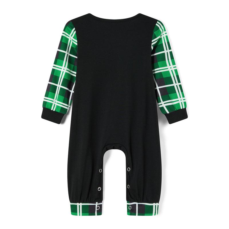 Green Black Christmas Pajamas for Family Long Sleeve Elf Graphic Tops + Plaid Trousers Set Holiday Sleepwear