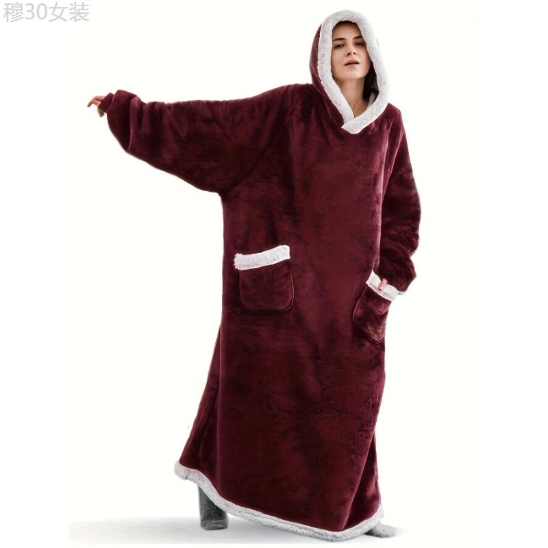 Plus Size Cozy Winter Wearable Fleece Blanket Robe - Soft Flannel Long Sleeve Hooded Design with Pockets for Relaxation - Perfect for Cold Weather Lounging and Outdoor Activities Womenswear Collar Dress Loungewear Dress Loungewear Gowns Polyester