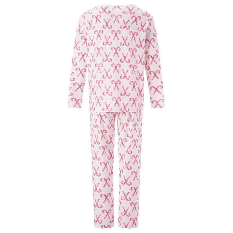 Pink Christmas Pajamas for Family Long Sleeve Candy Cane Print Tops + Pants Set Holiday Sleepwear