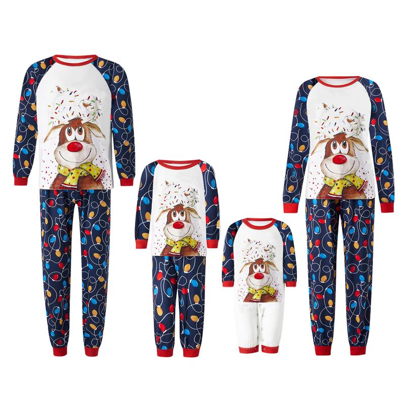 Family Matching Christmas Pajama Sets Reindeer Printed Top Pants 2PCS Sleepwear Xmas PJs Bodysuits