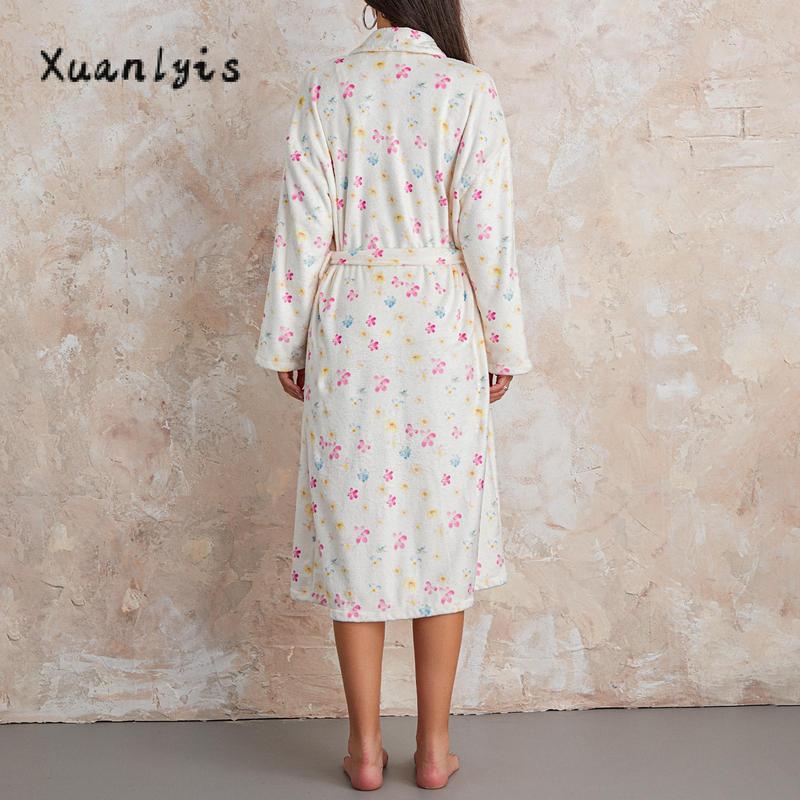 Women Dressing Gown Flannel Robe Floral Print Shawl Collar Bathrobe for Hotel Spa Party Kimono Robe with Belt Long Sleeve Sleeve Womenswear Check