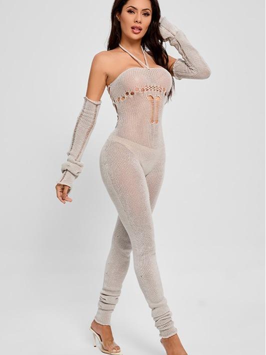 Knitted Hang-neck Hollow-out Jumpsuit Fabric Fitted