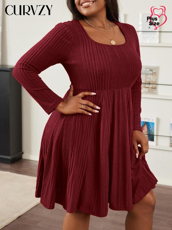 Black Friday Deals CURVZY Plus Size Autumn Aesthetic Solid Ribbed Scoop Neck A Line Dress, Casual Long Sleeve Dress for Spring & Fall, Women's Clothes for Daily Wear, Christmas 2024 Trend,Thanksgiving Clothing,Fall Clothing,Winter Clothing