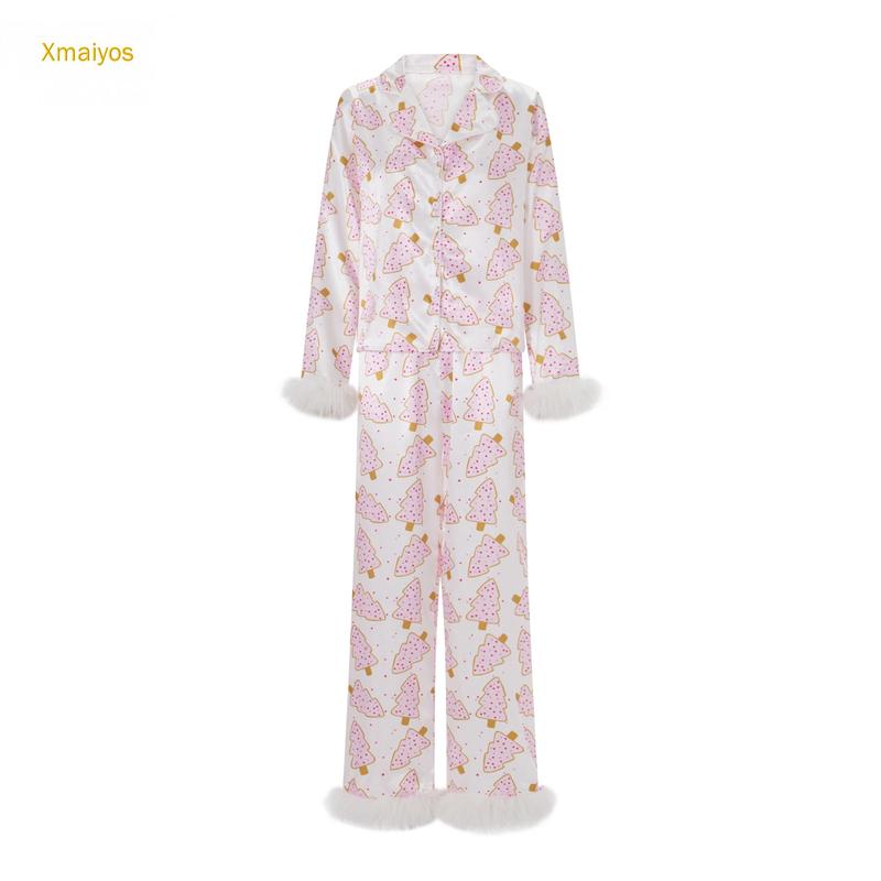 Women Christmas Pajamas Lounge Set Santa Christmas Tree Boots Print Shirts Tops and Pants 2 Piece Loungewear Outfits Long Sleeve Nightwear