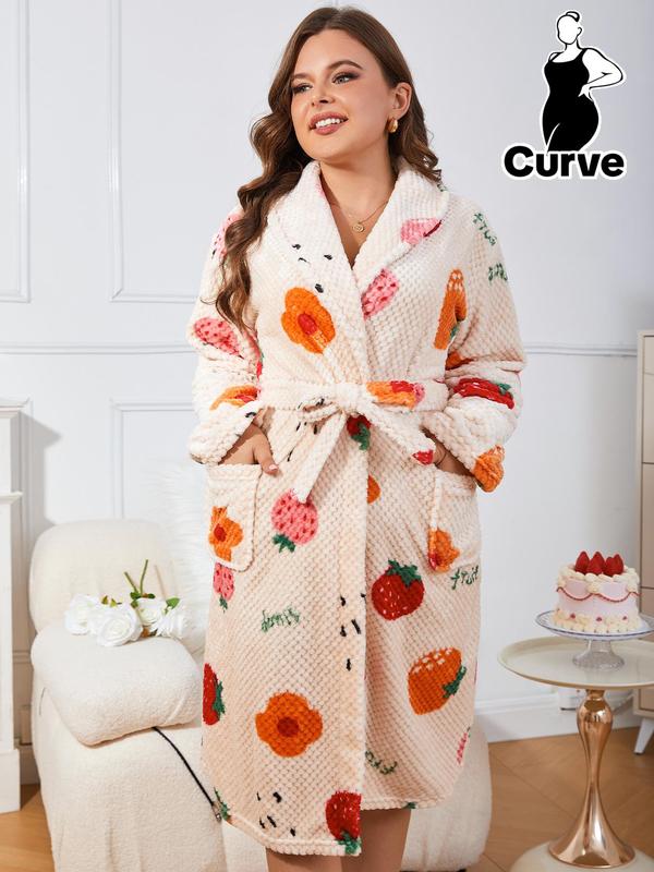 One Piece Thermal Lined Fruit Print Belted Pocket Wrap Fannel Pj Loungewear Homewear Robe, 2000s Robe, Casual Women's Comfort Long Sleeve Shawl Collar Textured Robe for Fall & Winter, Womens Clothes, Womenswear Gowns