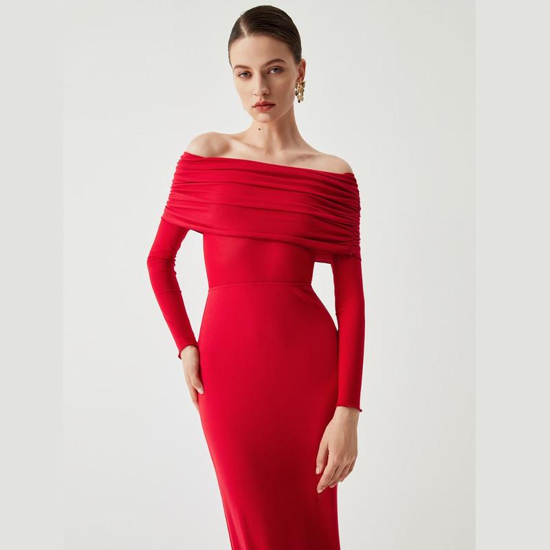 Overfold Off-Shoulder Mesh Long Sleeve Long Dress