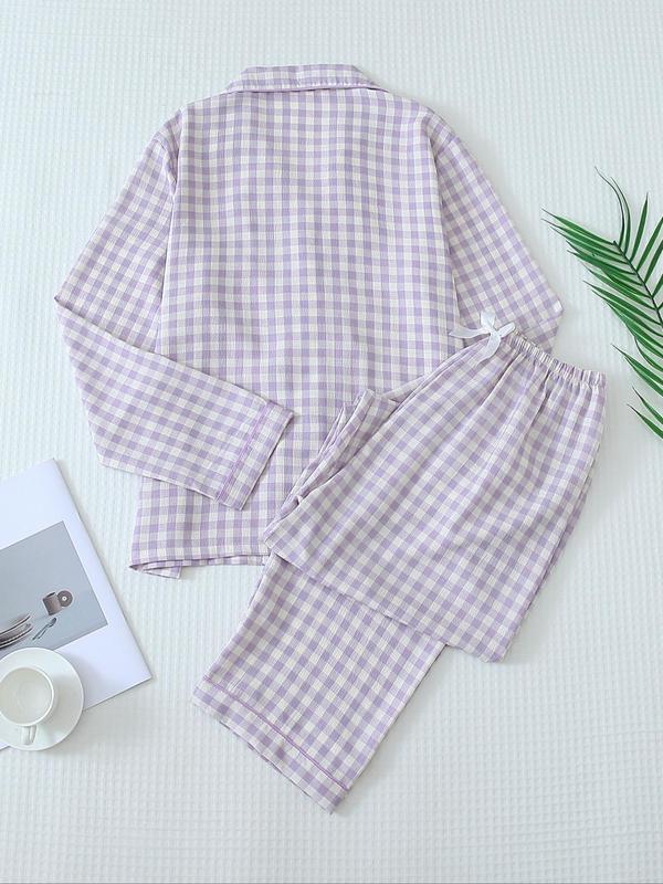 Two-Piece Set Women's Plaid Print Lapel Neck Pocket Shirt & Bow Decor Pants Pyjama, Long Sleeve Button Up Top & Trousers PJ Set, Women's Sleepwear for Spring & Fall