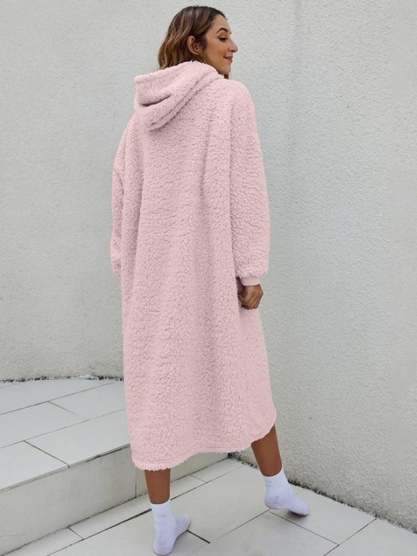 Women's Solid Color Drop Shoulder Hooded Bathrobe, Casual Long Sleeve Pocket Design Dressing Gown, Ladies Sleepwear for  Winter