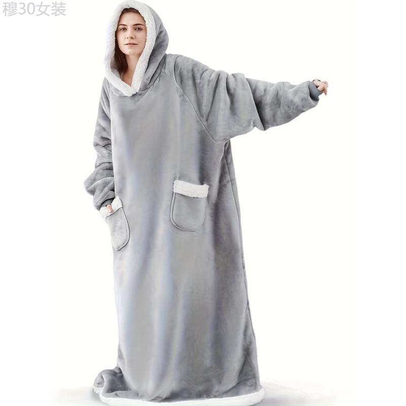 Plus Size Cozy Winter Wearable Fleece Blanket Robe - Soft Flannel Long Sleeve Hooded Design with Pockets for Relaxation - Perfect for Cold Weather Lounging and Outdoor Activities Womenswear Collar Dress Loungewear Dress Loungewear Gowns Polyester