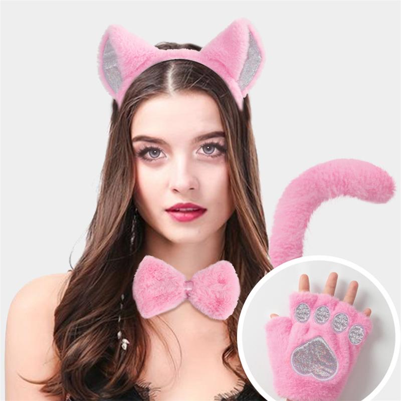 Cat Cosplay Costume Accessories Kitten Ears Tail Collar Paws Gloves for Women Girl Christmas Halloween Dress Up