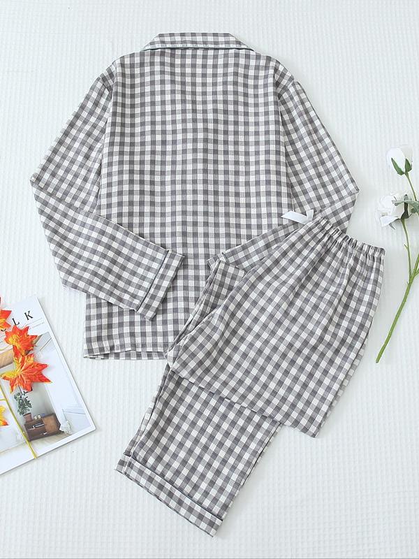 Two-Piece Set Women's Plaid Print Lapel Neck Pocket Shirt & Bow Decor Pants Pyjama, Long Sleeve Button Up Top & Trousers PJ Set, Women's Sleepwear for Spring & Fall