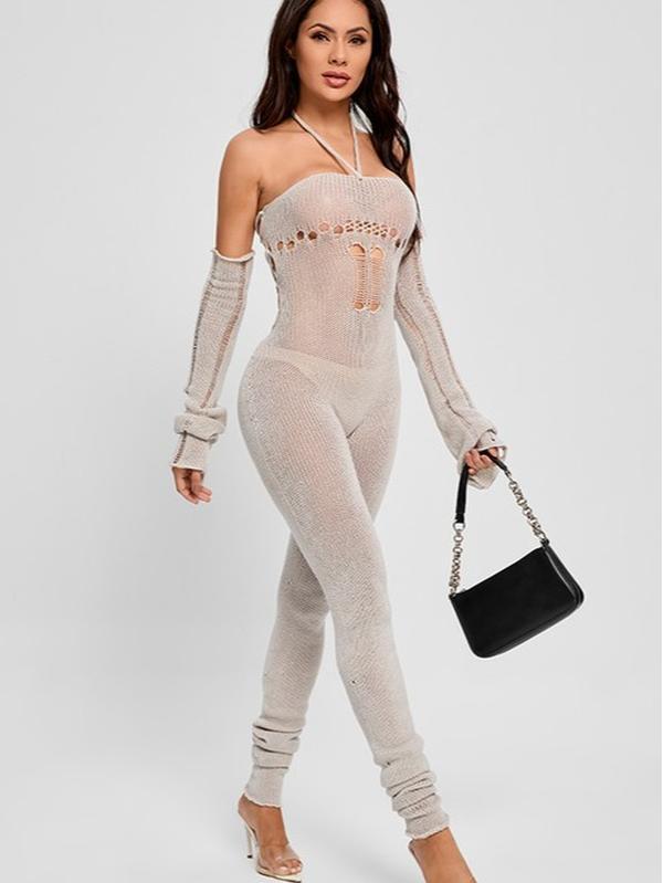 Knitted Hang-neck Hollow-out Jumpsuit Fabric Fitted