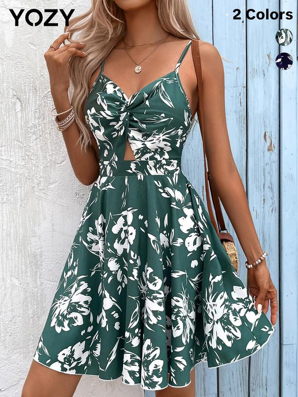 YOZY [3 colors] Floral Print Cut Out Twist Dress  Boho Sleeveless Spaghetti Strap Knee Length A-Line Cami Dress, 2024 Women's Beach Holiday Vacation Wear for Spring & Summer