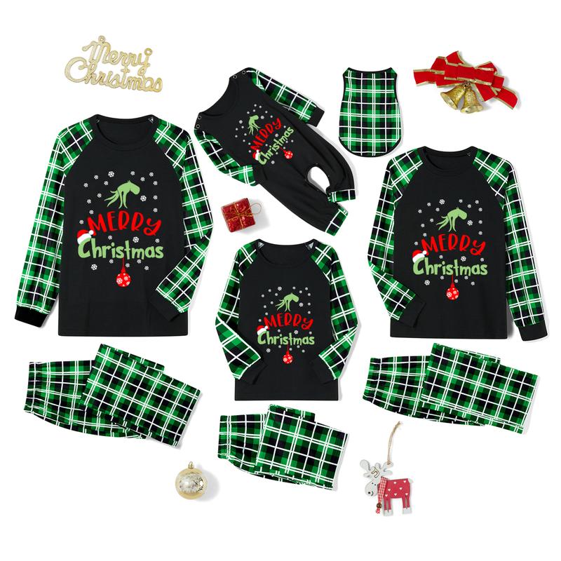 Family Christmas Pajamas Matching Sets PJ's Snowflake Cartoon Print Tops Green Plaid Pants Sleepwear Loungewear Nightwear Homewear