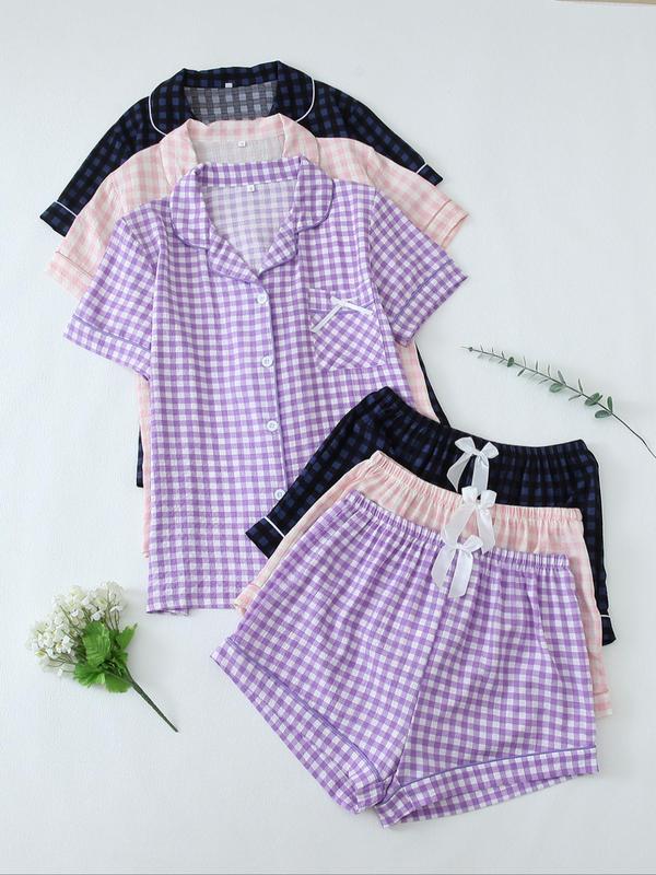 6 Pieces Women's Plaid Print Button Front Shirt & Bow Decor Shorts Loungewear Set, Short Sleeve Lapel Top & Elastic Waist Shorts Pj Set, Pajama Sets Women, Casual Comfortable Pyjama Set for Women, Nightwear Sets