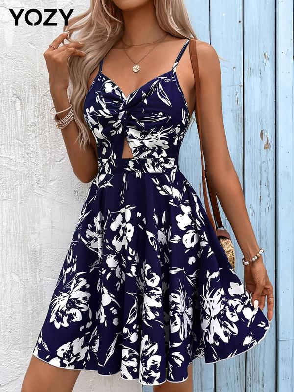 YOZY [3 colors] Floral Print Cut Out Twist Dress  Boho Sleeveless Spaghetti Strap Knee Length A-Line Cami Dress, 2024 Women's Beach Holiday Vacation Wear for Spring & Summer