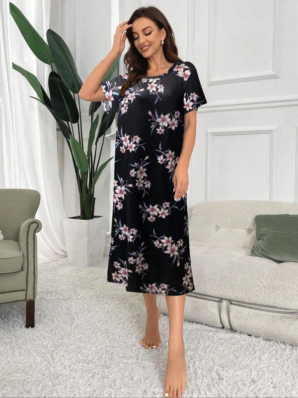 Women's Floral Print Drop Shoulder Nightdress, Casual Soft Comfortable Short Sleeve Round Neck Nightgown for Daily Home Wear, Ladies Sleepwear for All Seasons